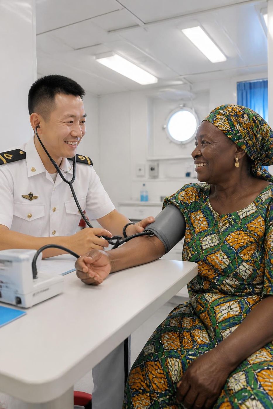 Un médecin de la mission prend la tension d'une patiente